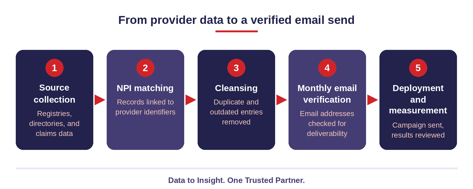 Flowchart of five numbered stages from provider data to an email send: source collection, NPI matching, cleansing, monthly email verification, and deployment and measurement.