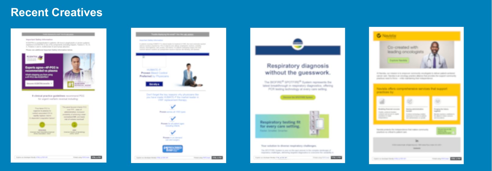 A slide titled "Recent Creatives" on a blue background, showing four blurred healthcare email ads with different themes and designs